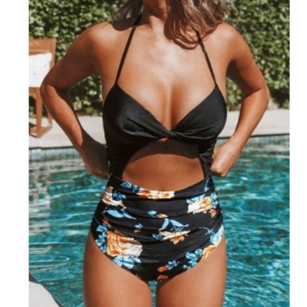 Black Floral Print Halter Tummy Control One Piece Swimsuit(S)